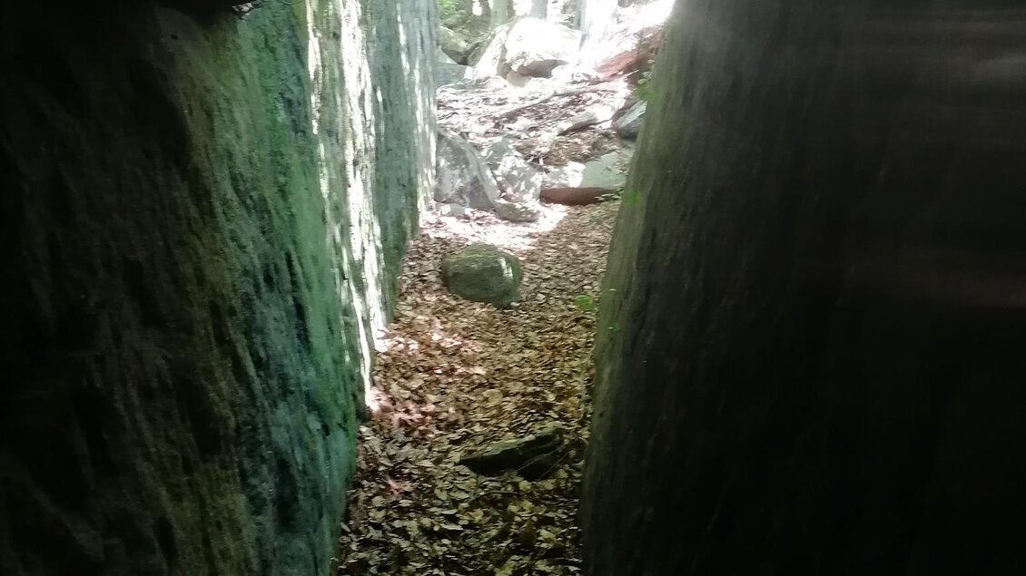 Ein schmaler Pfad zwischen hohen Felsen, der mit fallenem Laub bedeckt ist. Am Ende des Weges sind Bäume und Tageslicht sichtbar. | © Hohlkogel - Hohlfelsen