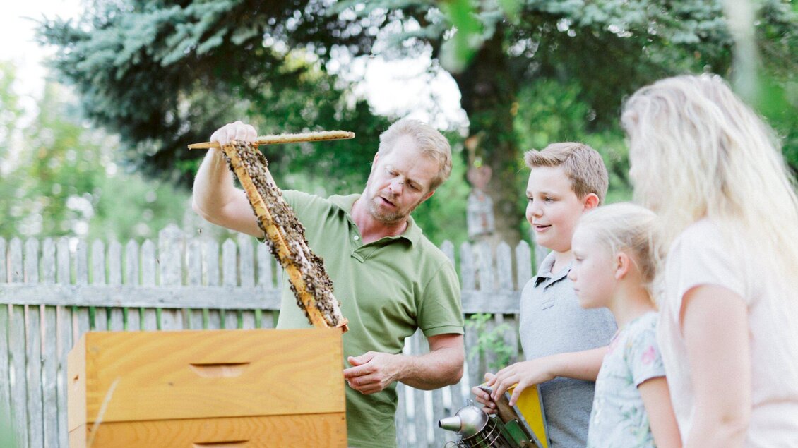 Ein Mann zeigt Kindern einen Wabenrahmen aus einem Bienenstock. Die Szene spielt sich in einem Garten mit einem Holzzaun ab. | © Honiggenuss Manninger