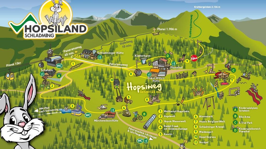 Eine bunte Karte von Hopsiland Schladming mit verschiedenen Attraktionen und Wanderwegen. Im Vordergrund ist ein freundlicher Hase abgebildet. | © Planai