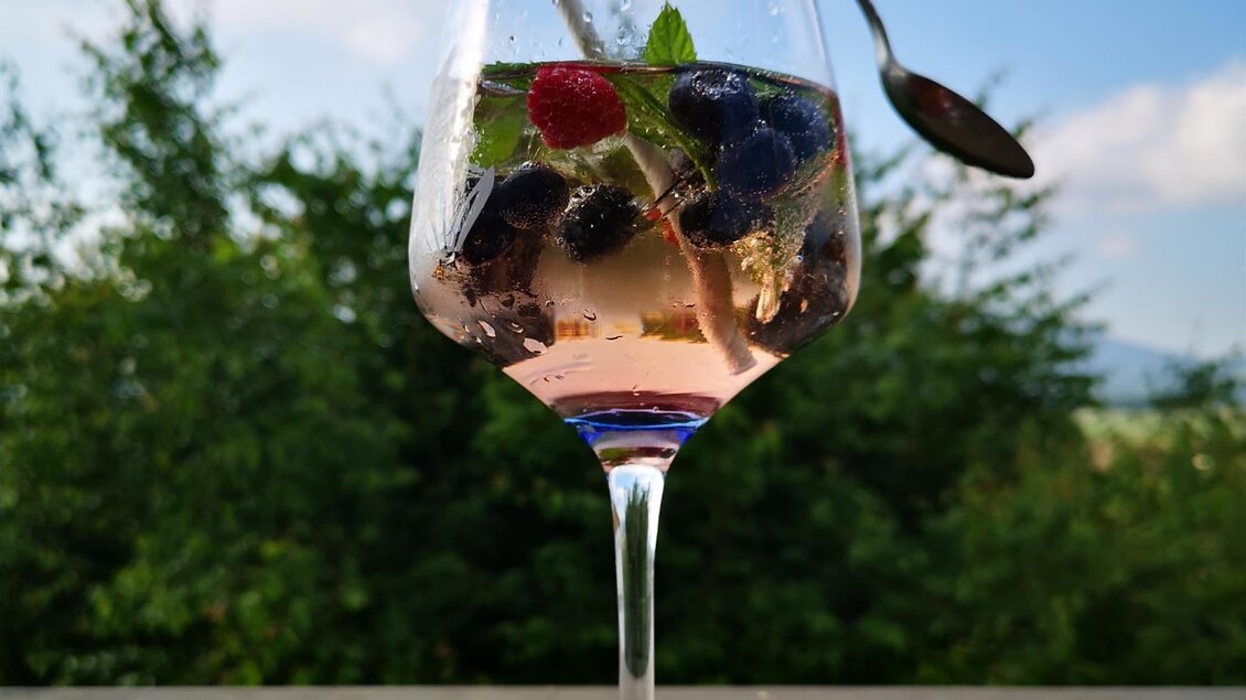 Ein elegantes Glas mit einem bunten Cocktail, garniert mit Beeren und Minze. Im Hintergrund sieht man grüne Bäume und einen blauen Himmel. | © Hotel Restaurant Perschler