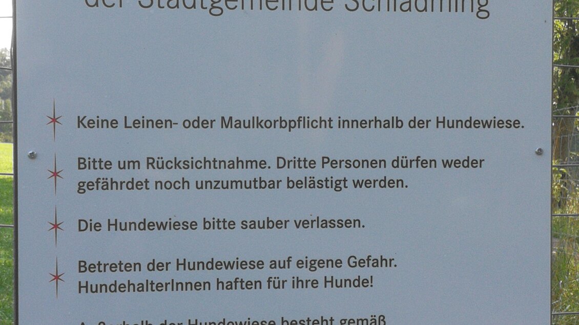 Ein Schild mit Informationen über die öffentlichen Hundewiesen in Schladming. Es enthält Regeln zur Leinen- und Maulkorbpflicht sowie Hinweise für Hundebesitzer.