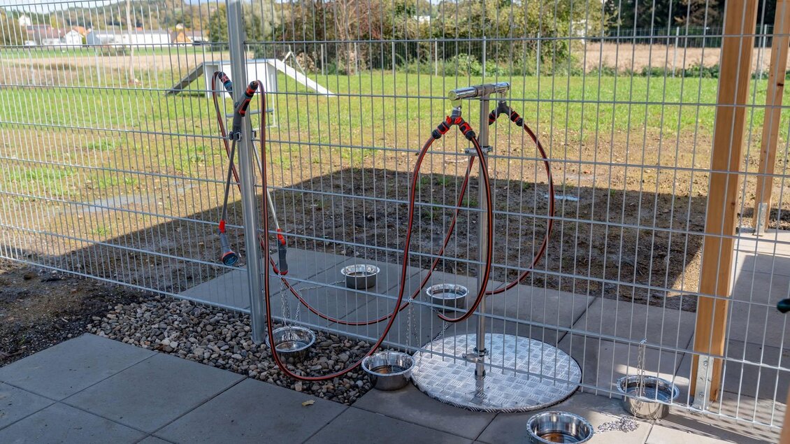 Eine Hunde-Duschstation mit mehreren Wasseranschlüssen und Schüsseln in einem eingezäunten Bereich. Der Hintergrund zeigt eine grüne Wiese und einen klaren Himmel. | © © Stadtgemeinde Feldbach