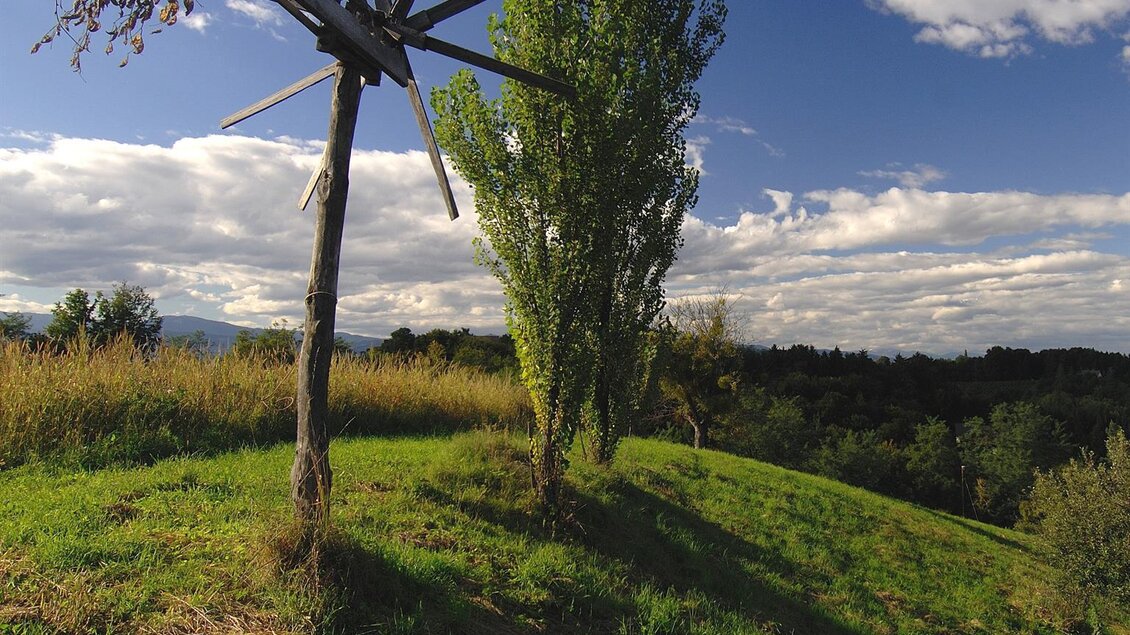 Ein hoher Baum steht auf einem grünen Hügel unter einem klaren Himmel. Neben dem Baum befindet sich eine kreative Holzskulptur mit strahlenförmigen Ästen. | © Tourismusverband