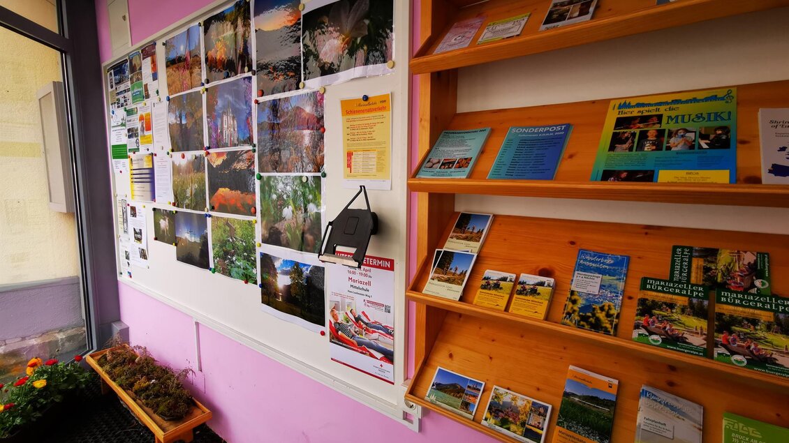 Ein Informationsbereich mit einer Wand voller Fotos und einem Regal mit Broschüren. Die Wände sind in einem sanften Rosa gehalten. | © TV Hochsteiermark