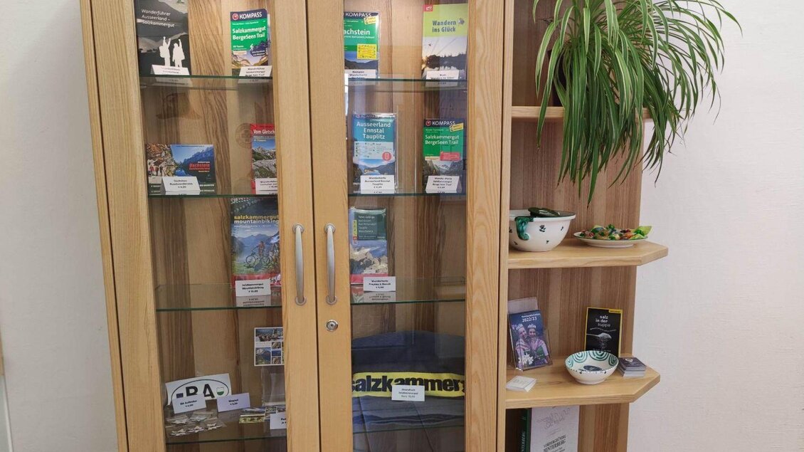Ein Holzregal mit zwei Glastüren, das verschiedene Informationsbroschüren und Materialien zeigt. Auf der rechten Seite befindet sich eine Pflanze und einige dekorative Gegenstände. | © Johanna Provatopoulos