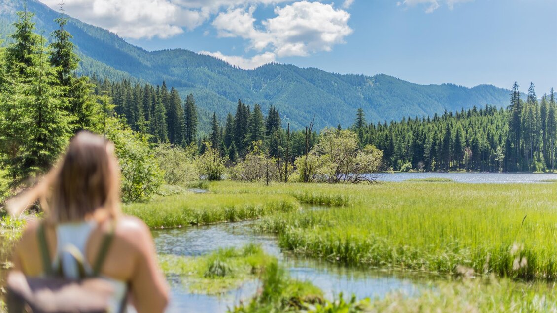 Eine friedliche Landschaft mit einem Fluss, umgeben von grünen Wiesen und hohen Bäumen. Im Hintergrund sind majestätische Berge und ein klarer blauer Himmel zu sehen. | © Anita Fössl