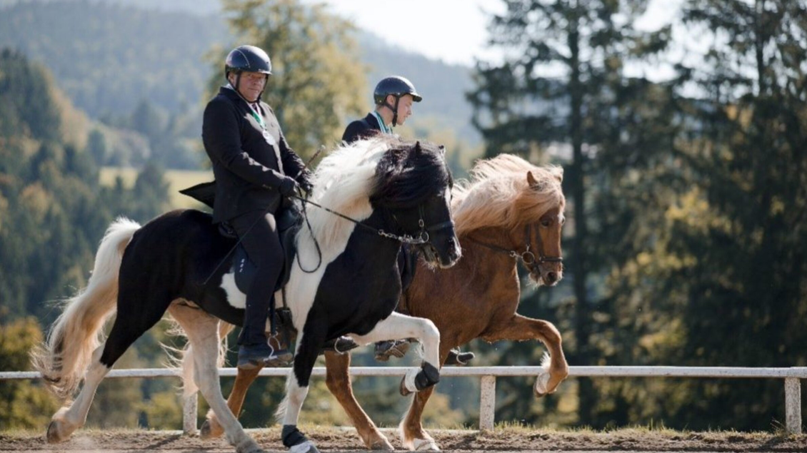 Zwei Reiter in Anzugreiten auf schönen Pferden in einer malerischen Landschaft. Im Hintergrund sind Bäume und Hügel zu sehen. | © Piet Hoyos-Fiona Tatschl