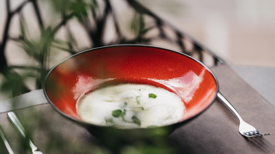 Eine stilvolle Schüssel Suppe auf einem Tisch. Die Schüssel hat einen roten Rand und ist mit frischen Kräutern garniert. | © JOHANN Schladming