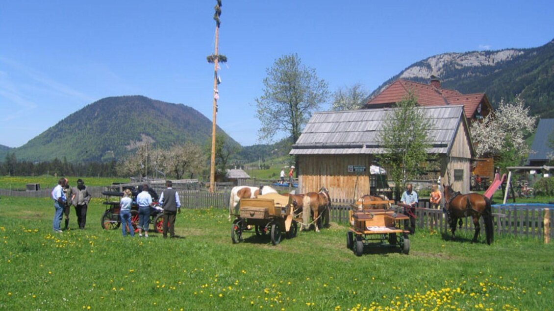 Eine ländliche Szene mit mehreren Personen, die um Pferde und Maschinen stehen. Im Hintergrund sind ein traditionelles Haus und grüne Berge zu sehen. | © H. Rastl