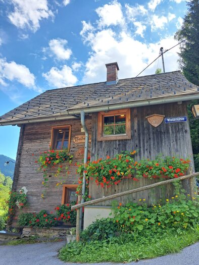 Ein rustikales Holzhaus an einem Hang. Die Umgebung ist von Bäumen und einem Weg gesäumt. | © Tourismusverband Oststeiermark