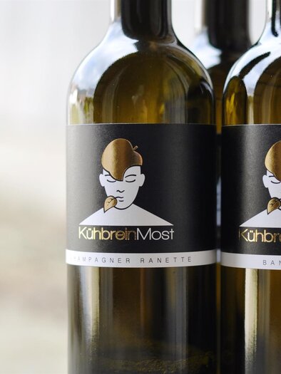 Zwei Flaschen Wein mit eleganten Etiketten stehen nebeneinander. Die Etiketten zeigen ein künstlerisches Design mit der Aufschrift "KühlbreinMost". | ©  Kühbrein