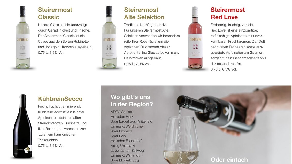 Eine ansprechende Auswahl von Weinen mit verschiedenen Sorten und Verpackungen. Darunter befindet sich ein Glas Wein, das gerade eingegossen wird, sowie Informationen zu den Weinen und Bezugsquellen. | © © 2019 Kühbreinmost