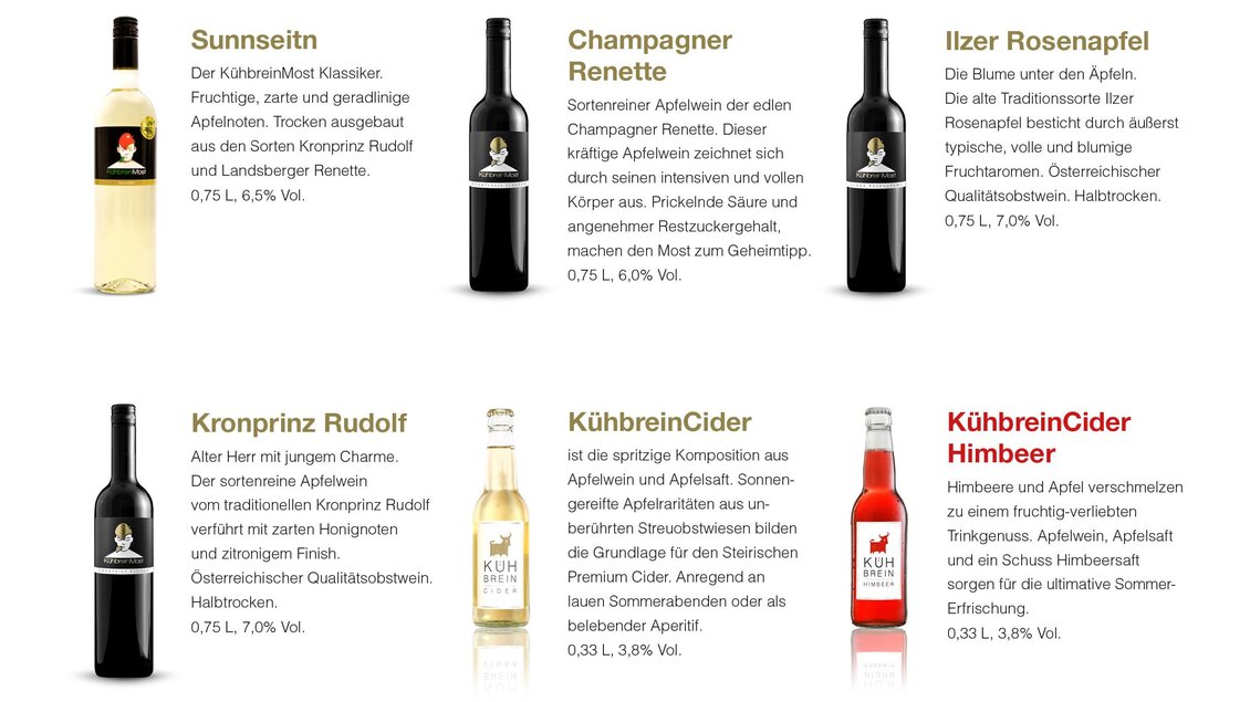 Eine Auswahl von Weinen und Cider, darunter verschiedene Sorten wie Sunnseitn, Champagner Renette und Kronprinz Rudolf. Jeder Artikel ist mit Beschreibung und Alkoholgehalt versehen. | © © 2019 Kühbreinmost