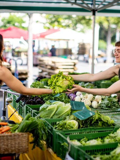 Eine Frau mit Fahrradkorb voller Gemüse kauft an einem Marktstand einen großen grünen Salat von einer Verkäuferin im grünen Schürze, während im Hintergrund weitere Stände mit frischem Gemüse zu sehen sind | © Graz Tourismus - Tom Lamm