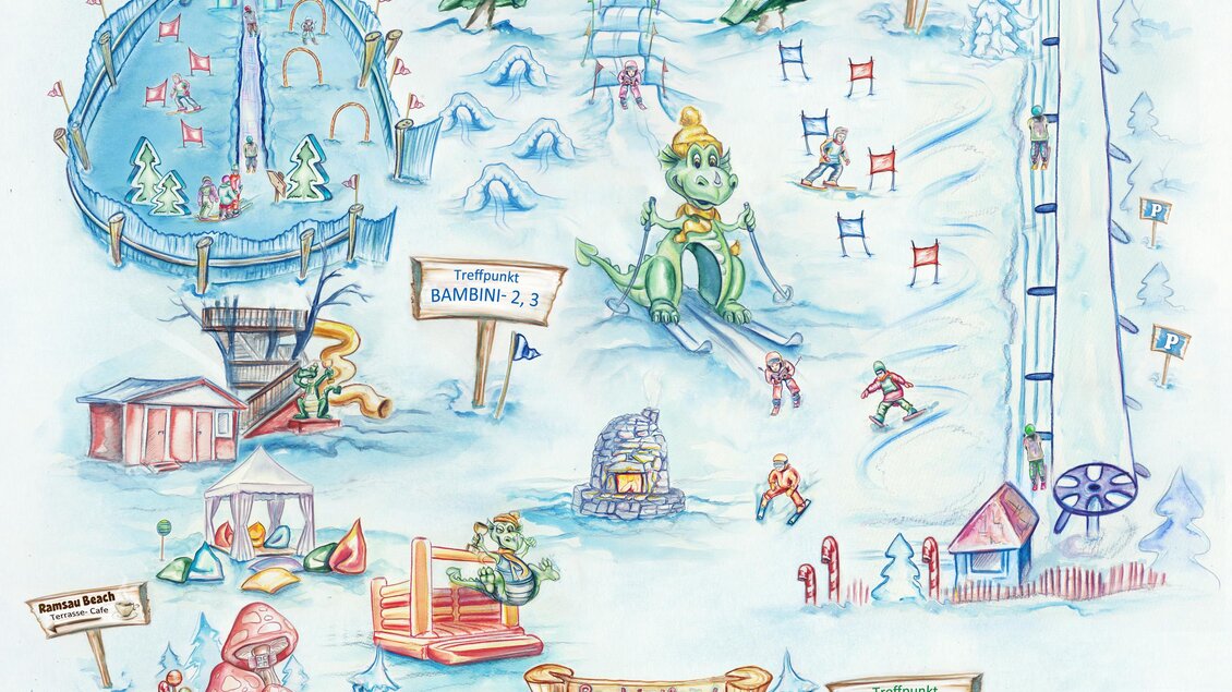 Eine kartographische Darstellung eines Wintergebietes mit Skifahrern und verschiedenen Freizeitaktivitäten. Die Bereiche sind durch Symbole und Beschriftungen gekennzeichnet, einschließlich Liftstationen und Spielplätzen. | © Hans-Peter Steiner