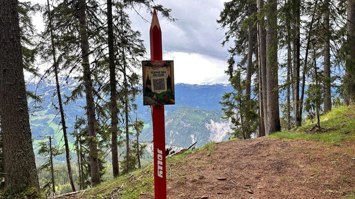 Ein Wanderweg-Schild steht auf einem Pfad im Wald. Im Hintergrund sind Berge und eine bewaldete Landschaft zu sehen. | © Rittisberg