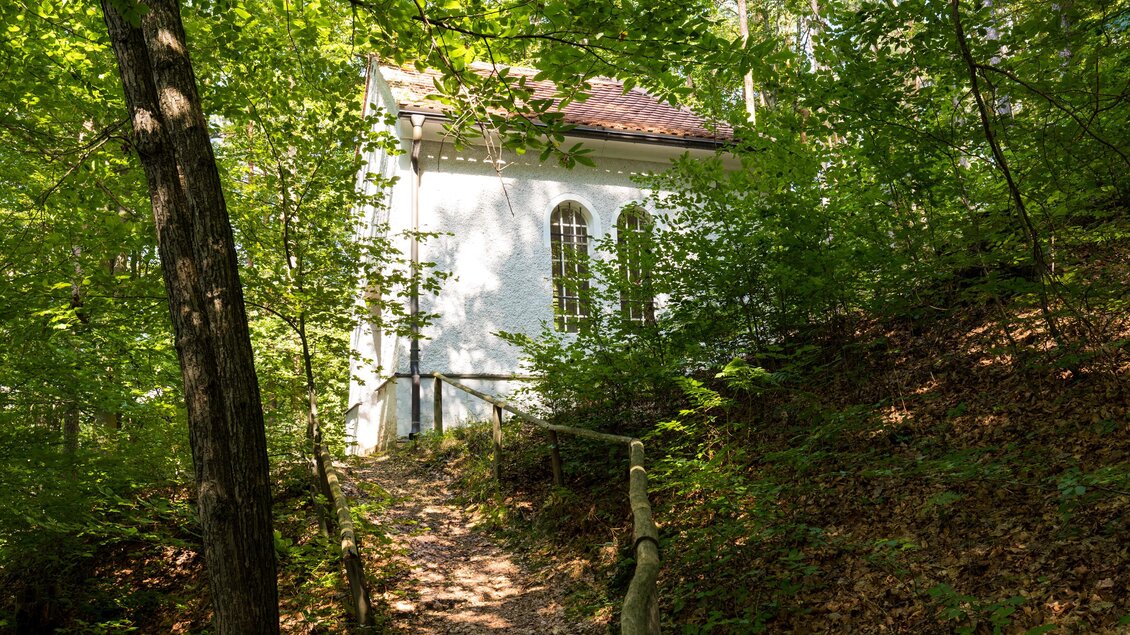 Ein verborgenes, weißes Gebäude im Wald, umgeben von dichten Bäumen. Der Weg führt sanft zu dem Haus, das im Grünen steht. | © TV Region Graz/Harry Schiffer