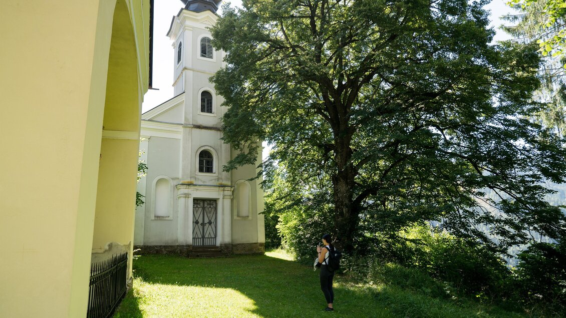 Eine kleine Kirche steht neben einem großen Baum in einer grünen Wiese. Die Sonne scheint klar auf die idyllische Szene. | © Anita Fössl