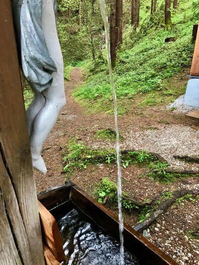 Ein Wasserlauf fließt aus einer Statue in einem Waldgebiet. Umgeben von grünen Bäumen und einem natürlichen Boden. | © TVB Schladming-Dachstein