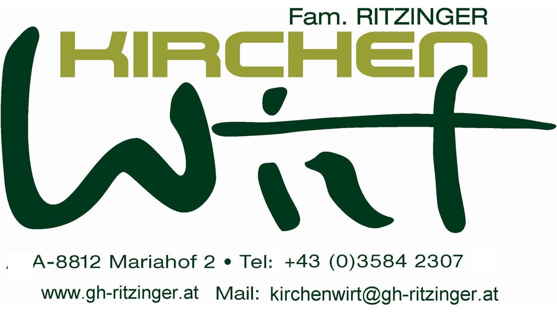 Ein Logo der Familie Ritzinger für das Lokal "Kirchen Wirt". Es enthält Kontaktinformationen und die Adresse in Mariahof. | © Kirchenwirt Gasthaus Ritzinger