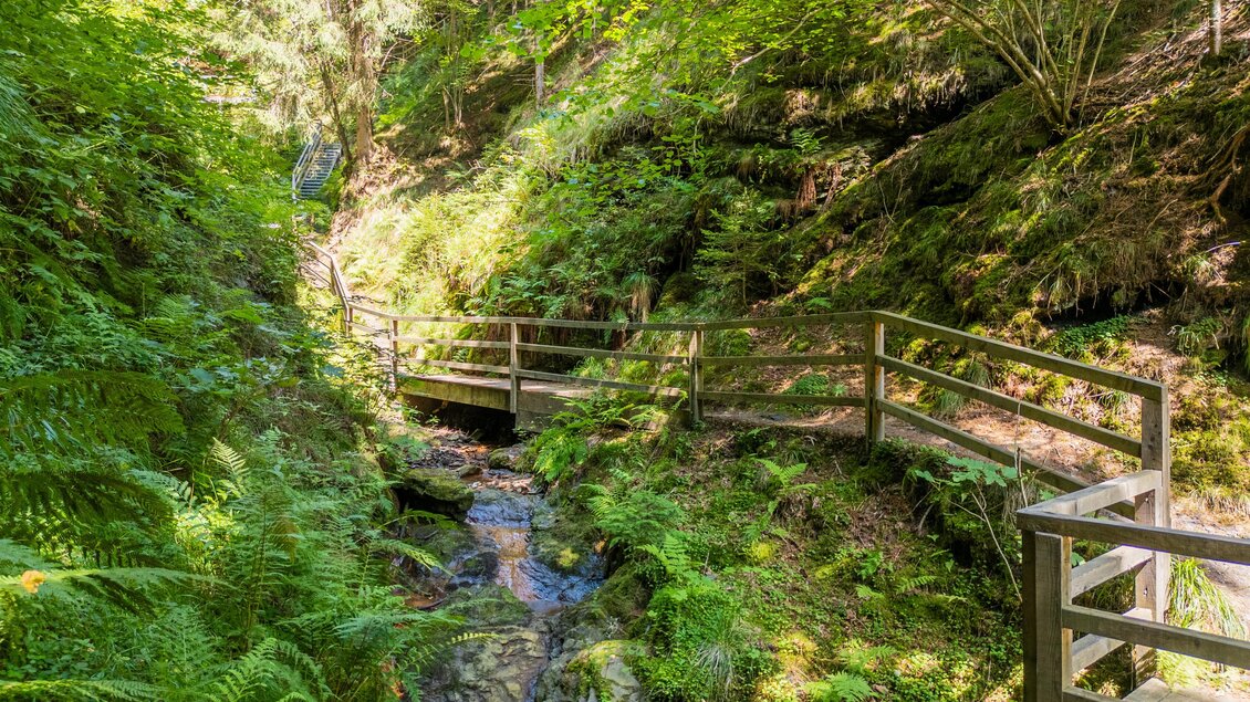 Ein malerischer Wanderweg durch einen grünen Wald mit einem kleinen Bach. Eine Holzbrücke überquert den Fluss und die Umgebung ist von üppiger Vegetation umgeben. | © TVB Murau