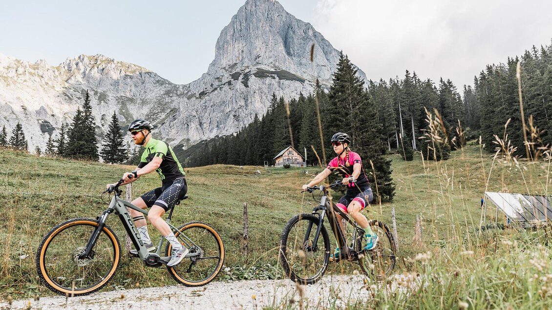Zwei Radfahrer fahren auf einem schmalen Weg durch eine grüne Landschaft. Im Hintergrund erheben sich majestätische Berge und eine bewaldete Fläche.