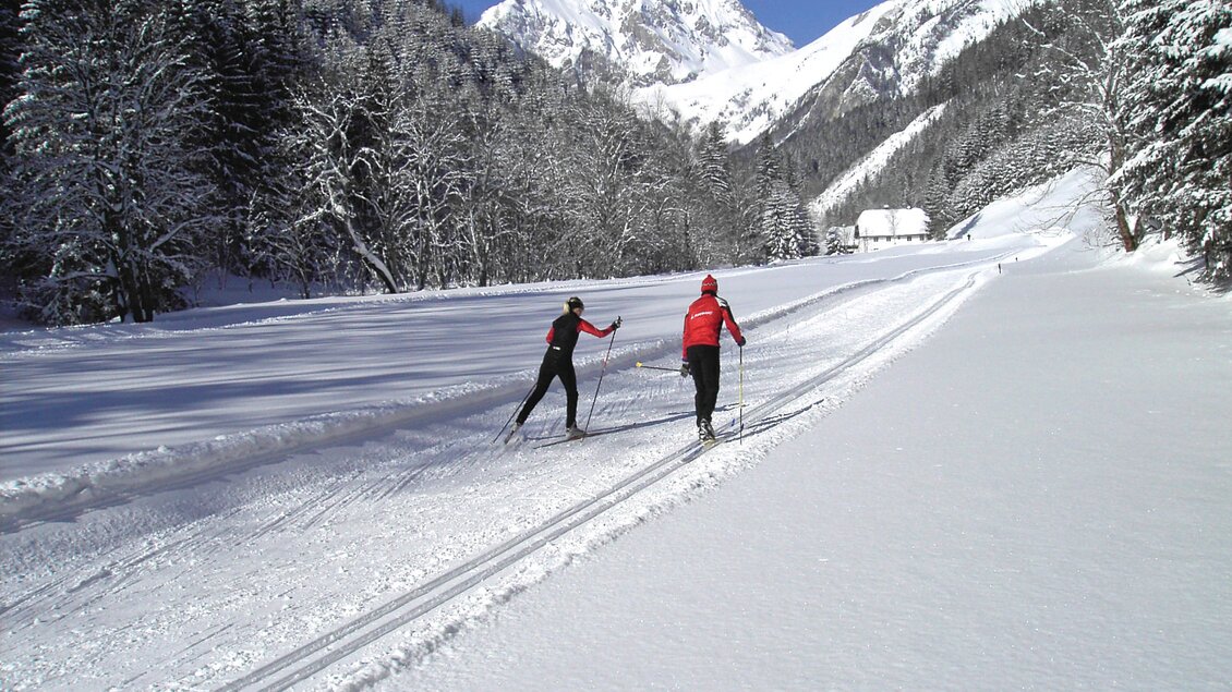 Zwei Skifahrer gleiten auf einer schneebedeckten Strecke in den Bergen. Im Hintergrund sind schneebedeckte Gipfel und Bäume zu sehen. | © Foto Freisinger