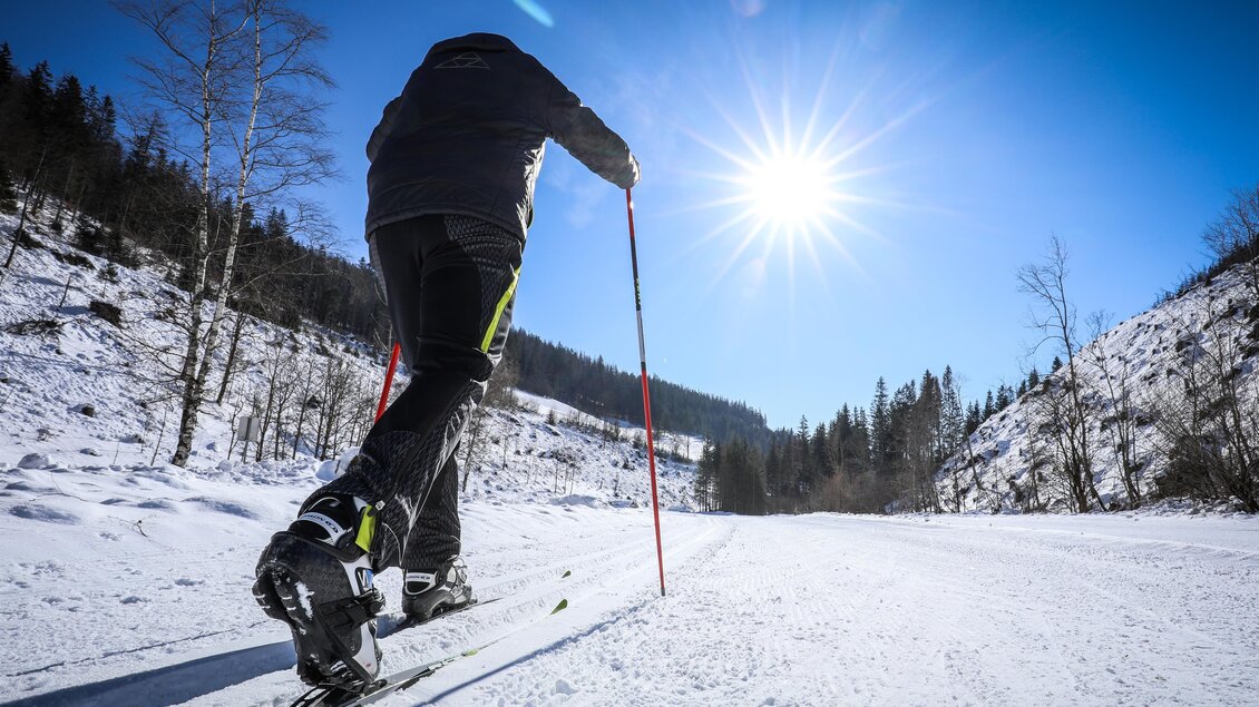 Ein Skifahrer bewegt sich über eine schneebedeckte Strecke unter einem klaren blauen Himmel. Die Sonne strahlt hell und hebt die winterliche Landschaft hervor. | © Foto Freisinger