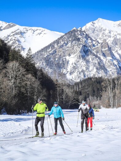 A group of skiers is moving through a snowy landscape. In the background, majestic mountains are visible under a blue sky. | © Foto Freisinger