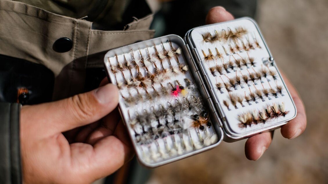 Ein Angler hält eine Dose mit verschiedenen Fliegen. Die Fliegen sind ordentlich angeordnet und in verschiedenen Farben und Größen. | © TVB Ausseerland Salzkammergut_Katrin Kerschbaumer
