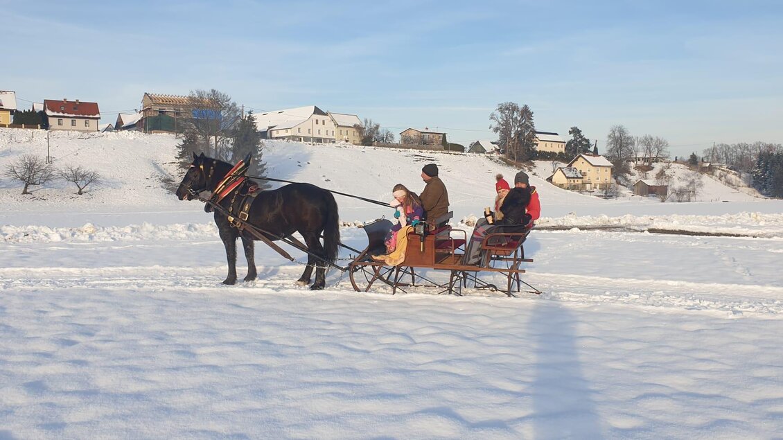 Eine Pferdeschlittenfahrt durch die winterliche Schneelandschaft. Im Hintergrund sind schneebedeckte Hügel und Häuser zu sehen. | © Familie Deutinger