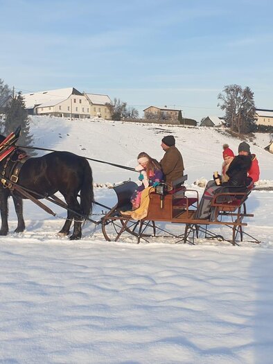 A horse-drawn sleigh ride through the winter snow landscape. In the background, snow-covered hills and houses can be seen. | © Familie Deutinger