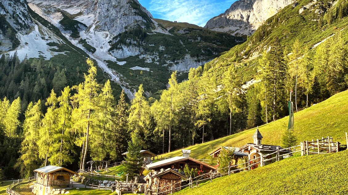 Eine malerische Berglandschaft mit grünen Wiesen und hohen Bäumen. Im Hintergrund ragen beeindruckende Berge unter einem bewölkten Himmel empor. | © ©KajetanGerharter 