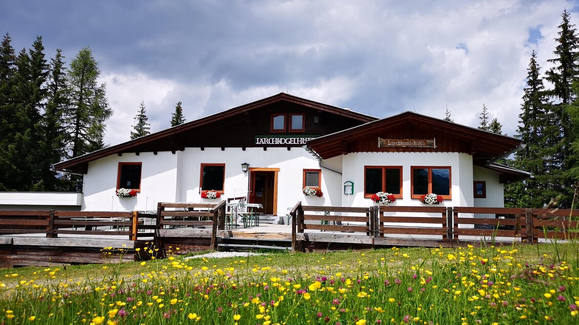 Ein gemütliches Gebäude in den Bergen, umgeben von bunten Wiesenblumen. Der Himmel ist bewölkt, und Bäume stehen im Hintergrund. | © Lärchkogelhütte