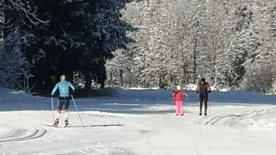 Eine verschneite Winterlandschaft mit schneebedeckten Bäumen. Zwei Personen laufen auf Langlaufskiern und eine dritte Person steht in der Nähe. | © Anita Fössl