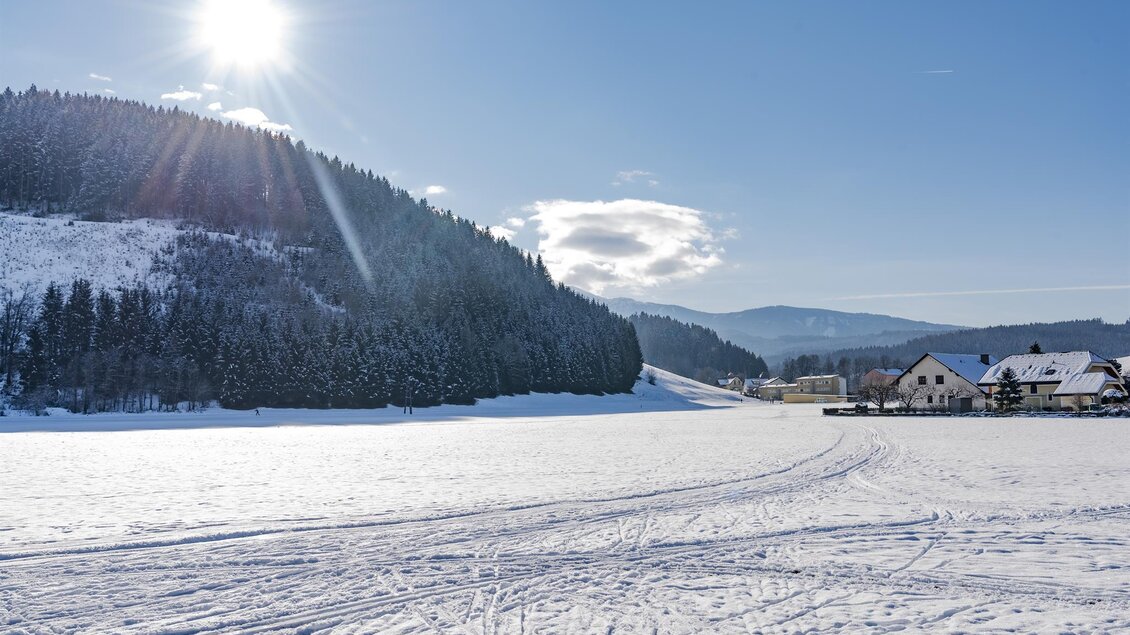 Eine verschneite Landschaft mit Bergen im Hintergrund und strahlendem Sonnenschein. Im Vordergrund sieht man einen schneebedeckten See und einige Häuser am Ufer. | © Anita Fössl