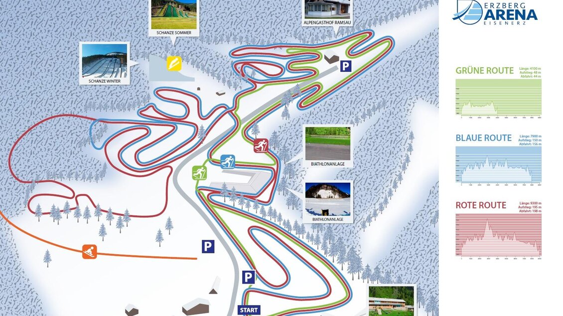 Eine Übersichtskarte der Eisenerz Arena mit verschiedenen Pistenrouten. Die markierten Routen sind grün, blau und rot, und wichtige Punkte wie Parkplätze und Startbereiche sind ebenfalls angezeigt. | © NAZ Ausbildungscampus GmbH