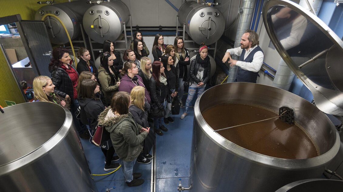 Eine Gruppe von Menschen hört einem Vortragenden in einer Brauerei zu. Im Hintergrund stehen große Edelstahltanks.