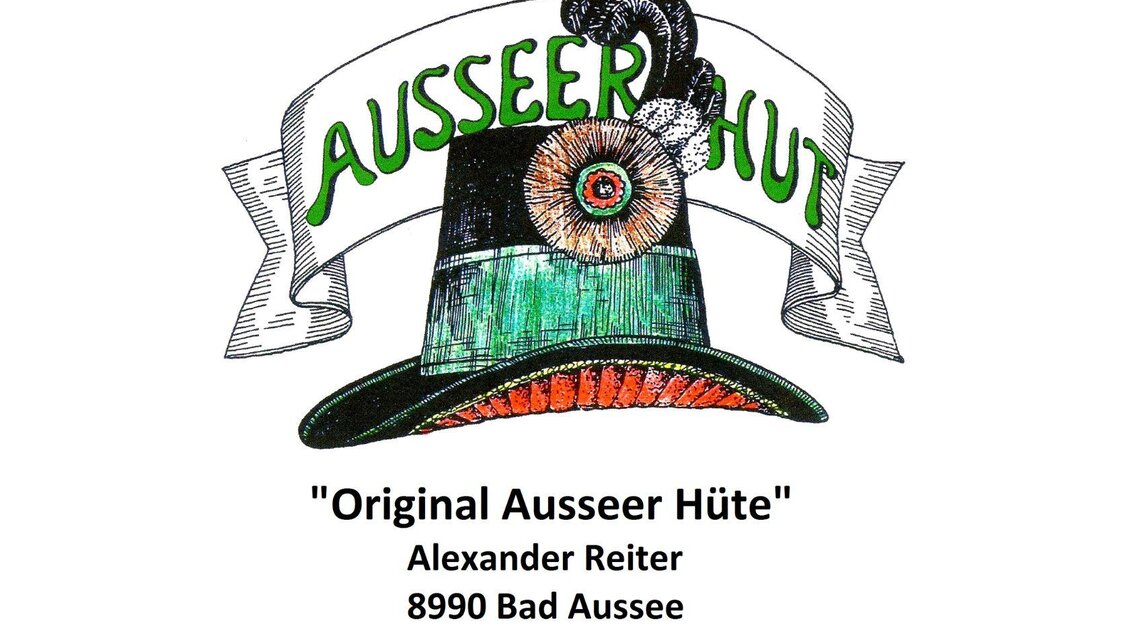 Ein Logo mit dem Schriftzug "Ausseer Hut" und einer Zeichnung eines traditionellen Hutes. Darunter stehen die Kontaktdaten und der Standort in Bad Aussee. | © Alexander Reiter