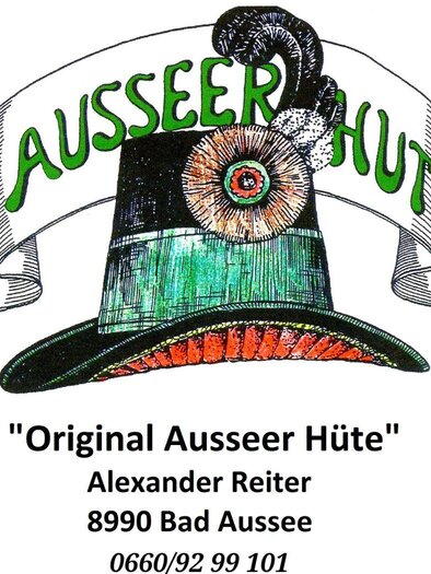 A logo with the inscription "Ausseer Hut" and a drawing of a traditional hat. Below are the contact details and the location in Bad Aussee. | © Alexander Reiter