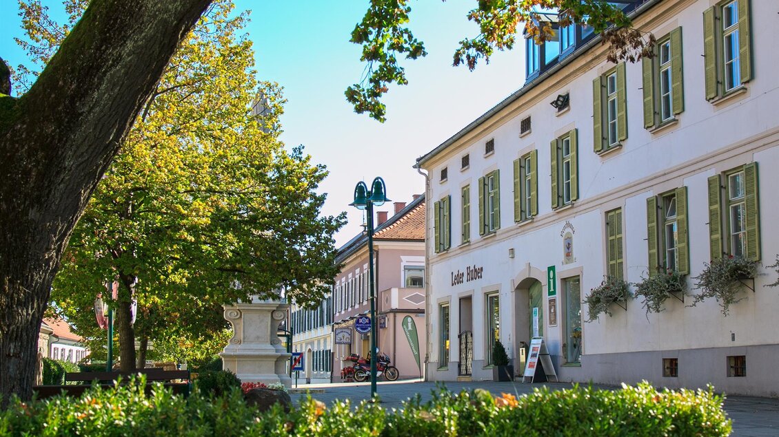 Eine charmante Straße mit historischen Gebäuden und grünen Fensterläden. Bäume und blühende Pflanzen verleihen der Szene eine einladende Atmosphäre. | © Lerchhaus Eibiswald