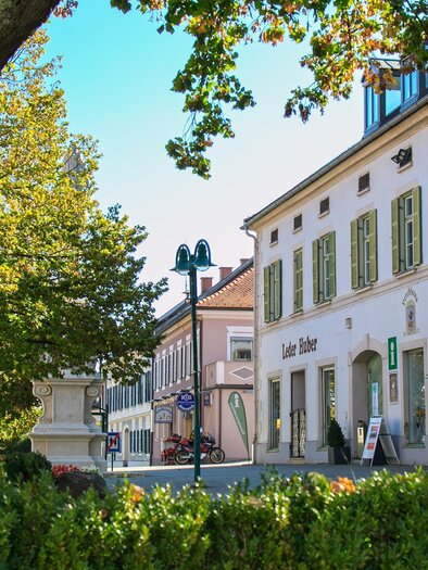 Eine charmante Straße mit historischen Gebäuden und grünen Fensterläden. Bäume und blühende Pflanzen verleihen der Szene eine einladende Atmosphäre. | © Lerchhaus Eibiswald