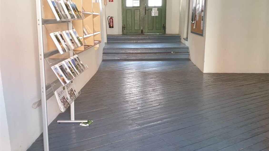 Ein heller Flur mit blauem Holzboden und einem Regal für Informationsblätter. Am Ende des Flurs befinden sich grüne Türen. | © Sabrina Prattes