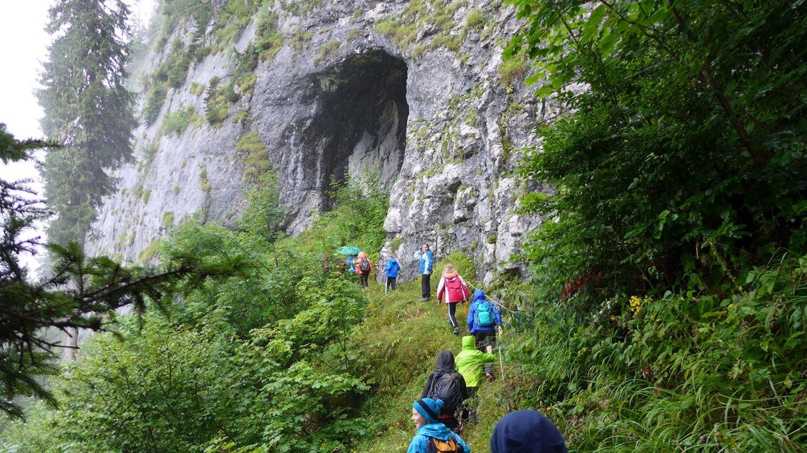 Eine Gruppe von Wanderern geht einen schmalen Pfad entlang, umgeben von üppigem Grün und einer Felswand. Im Hintergrund ist eine Höhle sichtbar, und der Himmel ist bewölkt. | © Robert Seebacher