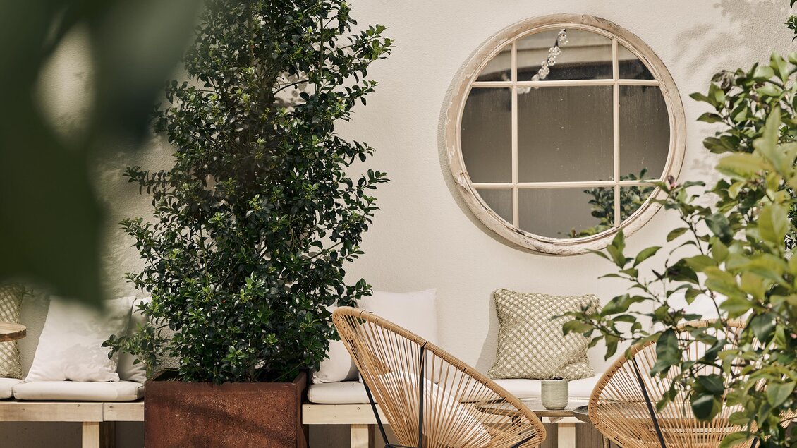 Ein gemütlicher Innenbereich mit einem runden Spiegel und einem bepflanzten Tisch. Die stilvollen Stühle und Pflanzen schaffen eine entspannte Atmosphäre.