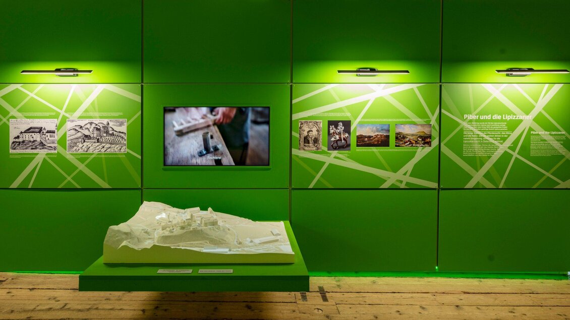 Ein modernes Ausstellungsdesign mit grünen Wänden. Zu sehen sind Bildschirme und Exponate, die historische Informationen präsentieren. | © SHS-LipizzanergestütPiberGöR - Renè van Bakel