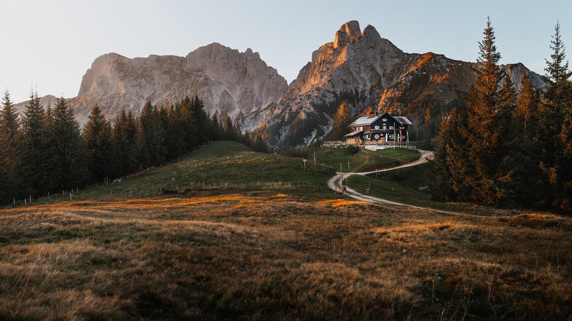 Eine malerische Berglandschaft mit hohen Gipfeln und einem gemütlichen Haus. Der Weg führt durch saftige Wiesen und dichte Nadelbäume.