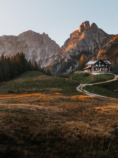 Eine malerische Berglandschaft mit hohen Gipfeln und einem gemütlichen Haus. Der Weg führt durch saftige Wiesen und dichte Nadelbäume.