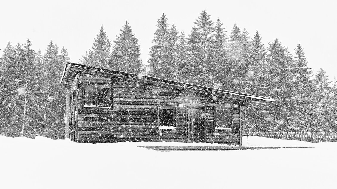 Ein modernes Holzhaus, umgeben von tiefem Schnee und dichten Bäumen. Es schneit stark und die Landschaft wirkt winterlich und ruhig. | © Armin Walcher