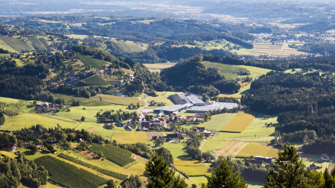 Eine malerische Landschaft mit sanften Hügeln und grünen Feldern. Im Hintergrund sind kleine Dörfer und landwirtschaftliche Flächen sichtbar. | © Marktgemeinde Wies